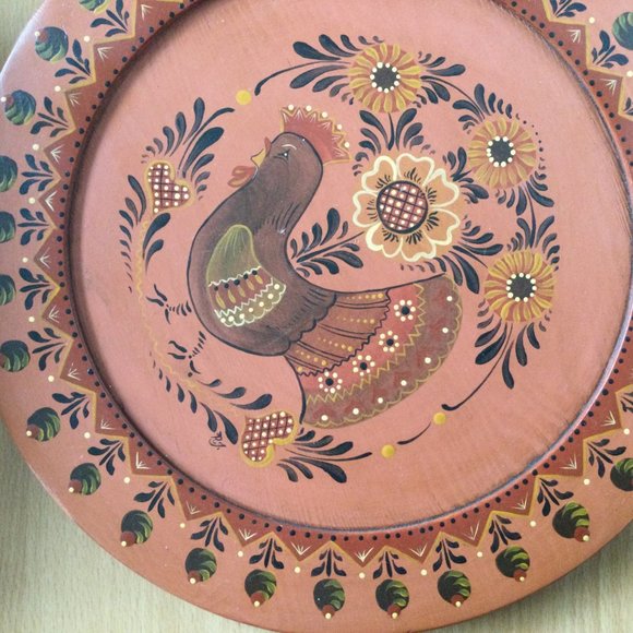 Beautiful hand painted wooden plate wall plate wall art flower and bird 11 5/8" - Picture 4 of 5